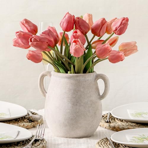 Ceramic Flower Vase Home Decor - 7.1 Inch White Rustic Table Flowers Vases Living Room Bedroom Plant Decoration Modern Farmhouse Vintage for Kitchen Shelf Office Coffee Dining Desk House Women