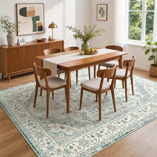 5x7 Area Rugs for Living Room, Washable Rug Vintage Floral, Blue