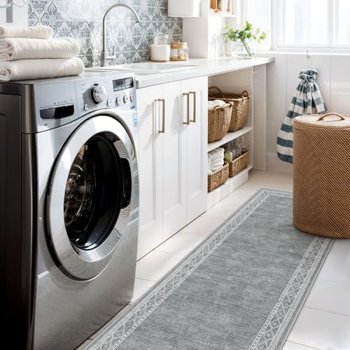 Lahome Modern Bordered Kitchen Runner Rugs Non Skid Washable, 2x6 Runners for Hallways Non Slip Ultra-Thin Hallway Rug, No Shedding Soft Carpet for Entryway Laundry Room Bedroom (2x6ft,Grey)