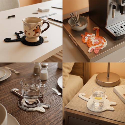 Cat Gifts for Cat Lovers 5PCS Cat Coaster Woven Creative Cute Cat Coaster Insulation Coaster – lifestyle view