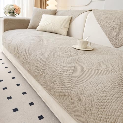 vctops Farmhouse Solid Color Embroidery Sofa Couch Cover Cotton Quilted Sectional Couch Covers Washable Non Slip Sofa Slipcover for Dogs, Children, Pets Furniture Protector (Khaki,28"x28")
