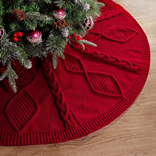 48 Inch Christmas Tree Skirt: Diamond Braided Cable Knit Tree Skirt for 7.5FT Tree, Wine Red Tree Skirt, Vintage Tree Skirts, Rustic Farmhouse Christmas Decorations