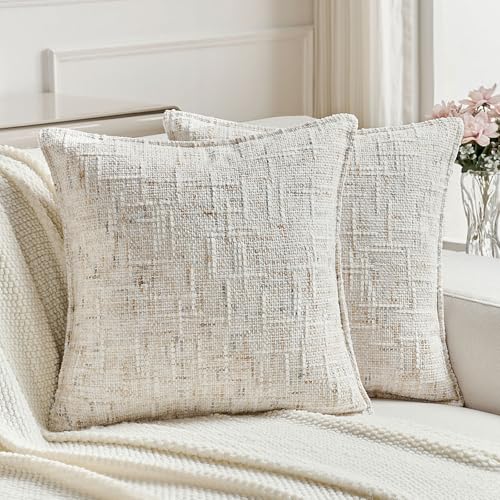 FUTEI Pack of 2 Chenille Tweed Vintage Throw Pillow Covers 18x18 Inch Soft Decorative Cushion Case Modern Farmhouse Accent for Couch Bed Living Room, Cream