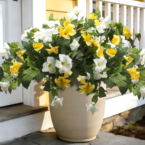 Grunyia Artificial Faux Petunias Silk Flowers for Outdoor Decoration, UV Resistant No Fade, Purple and White, 2 Pack, for Home Garden Balcony Yard Porch Indoor Decor (White+Yellow)
