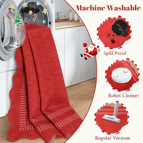 Washable 3x5 Christmas Rug, Soft Non Slip Indoor Door Mat Solid Red Entryway Rugs Stain Resistant Scalloped Carpet for Bedroom Kitchen Home Office