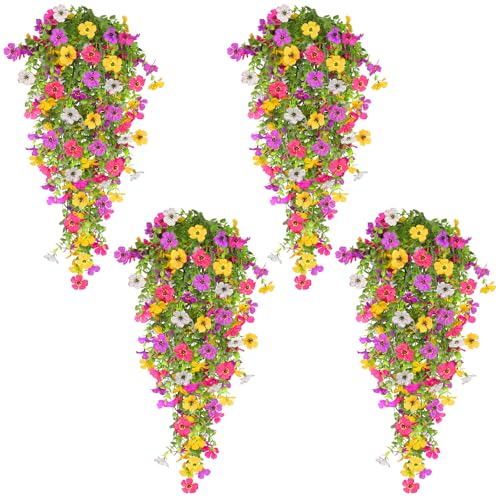 TURNMEON 4PCS Artificial Flowers for Outdoors Summer Decor, UV Resistant No Fade Fake Hanging Flowers Faux Plants Realistic Silk Flower for Outside Gardens Planter Porch Patio Yard Home Indoor Decor