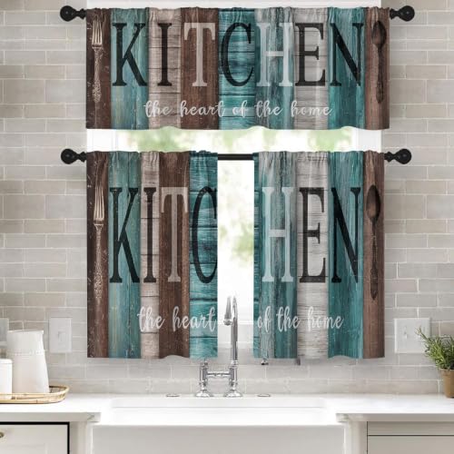 Teal and Brown Kitchen Window Curtains Valance and Tier Set 36 Inch, Rustic Farmhouse Turquoise Rod Pocket Short Tier Curtain for Bathroom, Wooden Home Small Cafe Drapes for Kitchen Decor