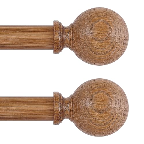 2 Pack Wood Curtain Rods for Windows 28 to 48 Inch,1 Inch Wood Grain Ball Adjustable Curtain Rod,Boho Heavy Duty Curtain Rods,Farmhouse Rustic Window Curtains Rods,Brown Drapery Rods Set 18-45"