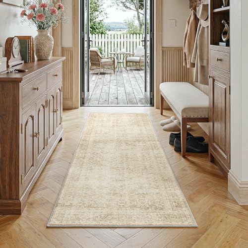 FMFUNCTEX 2x6 Hallway Runner Rug Beige Neutral Vintage Washable Distressed Non Slip Low Pile Oriental Indoor Carpet Soft Retro Entryway Rug for Kitchen Laundry Entrance Entry Living Room Bedroom