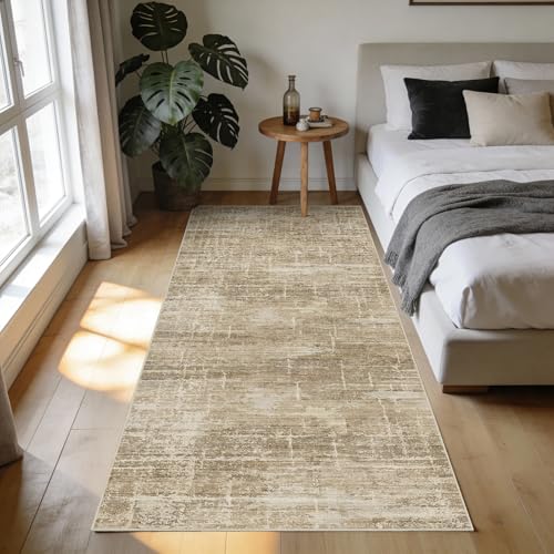 3x6 Washable Kitchen Runner Rug: Abstract Soft Neutral Carpet TanBrown