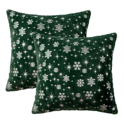 MIULEE Christmas Decorations Pillow Covers 16x16 Green Silver Snowflake
