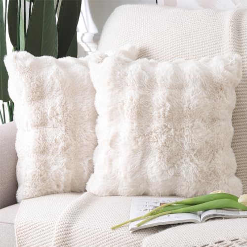 MADIZZ Pack of 2 Thick Plush Faux Wool Throw Pillow Covers Soft Boho Throw Pillows Luxurious Cushion Covers for Couch Sofa Bedroom Living Room Home Decor 18x18 Inch Cream