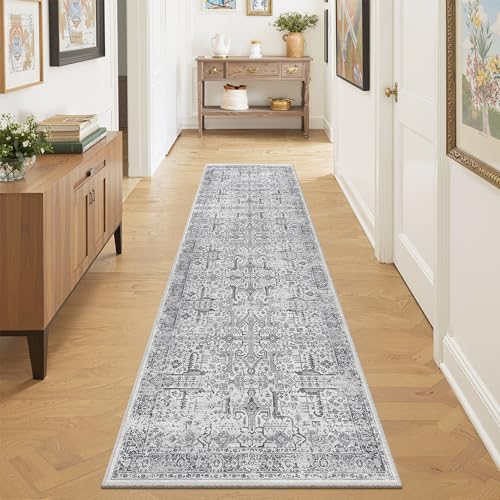 Washable 2x8 Runner Rug - Non Slip Vintage Kitchen Runner Rugs Low-Pile Distressed Long Rugs for Hallway Waterproof Indoor Carpet for Living Room Bedroom Entryway 2'x8' Grey