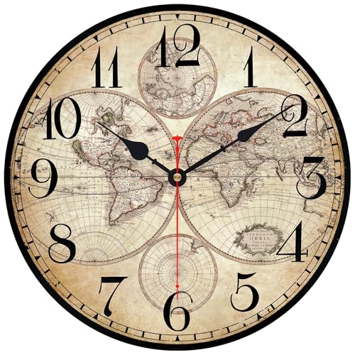 14 Inch Wooden Wall Clock Globe World Map Retro Vintage Rustic Wall Clocks Silent Non Ticking Clock Decorative for Kitchen Farmhouse Hotel