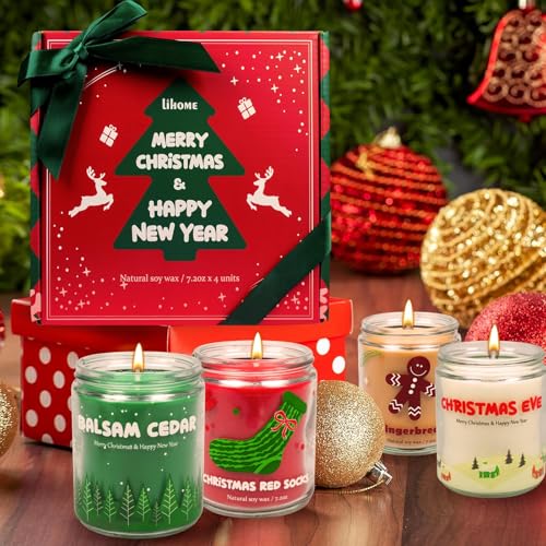 Christmas Candles - Holiday Gifts for Women & Men, 4 Pack Natural Soy Wax With Holiday Scents, Perfect for New Year and Winter Decor