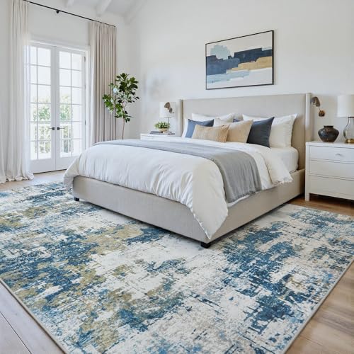 5x7 Area Rugs for Living Room: Washable Soft Blue Abstract Bedroom Carpet