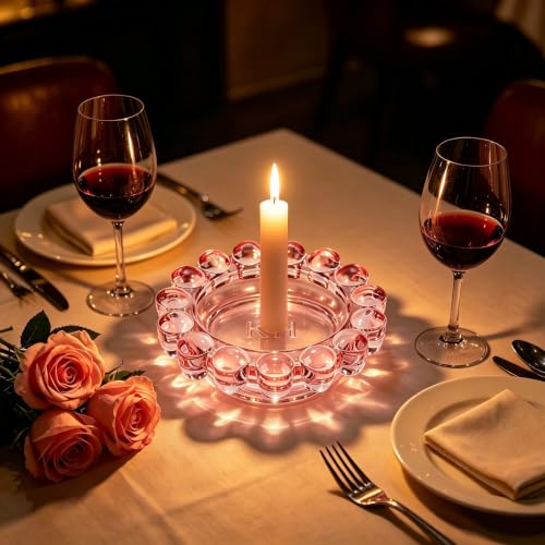 Chic Pink Bubble Glass Candle Dish – Modern Clear Glass Candle Holder for Tealights & Diffusers, Decorative Tray for Home & Tabletop Decor(1 Pack)