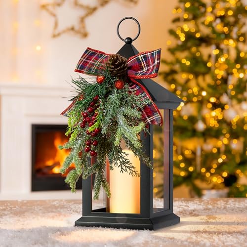 Christmas Decorative Lantern with LED Candle – Black Holiday Lantern with Pinecones, Red Bow – Battery Operated Christmas Table Centerpiece for Indoor/Outdoor Decor(1pack)
