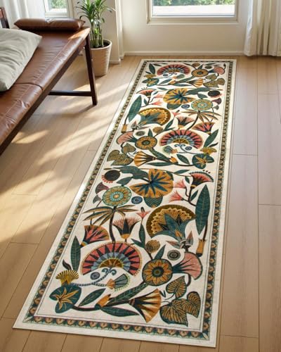 Zealude Egypt Floral Washable Bathroom Runner Rug for Kitchen Floor,2x8 Boho Rug Runners for Hallways Entryway,Vintage Non Slip Soft Throw Carpet for Laundry Room Entrance (Beige,2'6''x8')