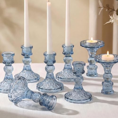 Glass Candle Holder Set of 12, Blue Taper Candle Holders Bulk, Vintage Candlestick Holders, Candle Stick Holder for Table Centerpieces, Wedding, Festival & Home Decor