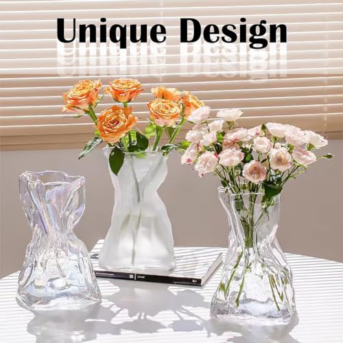 FOWSEEK 6 Inch Small Glass Flower Vase, Irregular Clear Flower Vases for Centerpiece Table Indoor Desk Decor, Modern Art Decorative Vase for Home Office Wedding Bookshelf Housewarming Gift