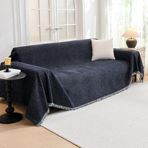 MYSKY HOME Couch Cover for Dogs Washable Couch Covers Couch Covers for Sofa Couch Cover 2 Cushion Sofa Non Slip Dogs Furniture Protector with Tassels Chenille Sofa Covers for Pet, 71"x102", Navy Blue