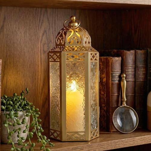 Vela Lanterns Decorative Indoor Moroccan Candle Holder, Gold, M