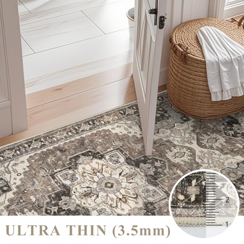 4x6 Area Rug for Living Room - Machine Washable Rugs with Non-Slip Backing Large Bedroom Carpet Distressed Oriental Non-Slip Non-Shedding Soft Thin Floor Mat for Dining Room Playroom(Beige,4x6)