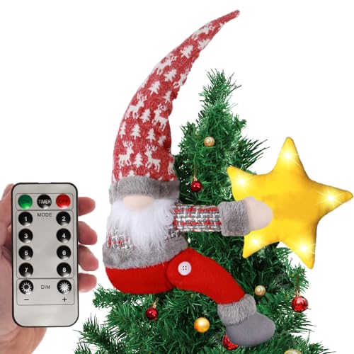 Christmas Tree Topper Gnomes Decorations,22 Inch Handmade with Lighted Star | Gnome Tree Topper Remote Control Lighted Star Lighted Multi-use Xmas Ornament for Home Wine Bottle, Curtain, handrail