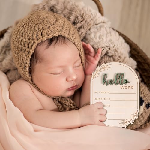 Baby Announcement Sign, 5.91x4.13 Inch Wooden Hello World Baby Name Sign Newborn Announcement Sign Birth Announcement Plaque for Home Hospital Nursery