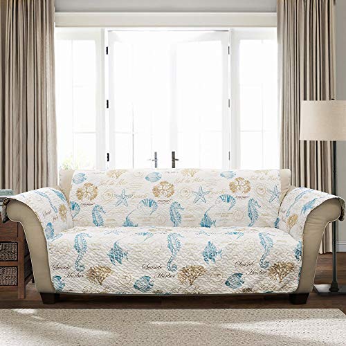 Lush Decor Harbor Life Furniture Protector, Couch Cover, 116" W x 75" L, Blue & Taupe - Quilted Coastal Couch Cover - Nautical Furnishings - Pet Sofa Covers - Furniture Covers For Sofa & Loveseat