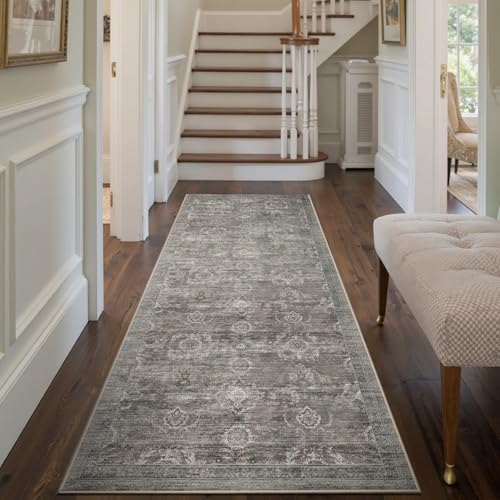 Rugxara 2x6 Runner Rug, Washable Kitchen Rugs, Grey Boho Vintage Floral Hallway Runner, Non Slip Low Pile Area Rug Carpet for Indoor Hallway, Kitchen, Laundry Room and Bathroom(Taupe/Grey 2x6ft)