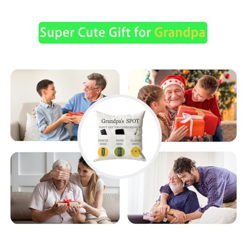ONFAON Grandpa Gifts,Grandpa's Spot Throw Pillow Covers 18x18 Inch,Put Phone Glasses and Remote Control Pillowcase,Birthday Christmas Thanksgiving Day Gifts for Grandpa Stepdad,3-Pocket