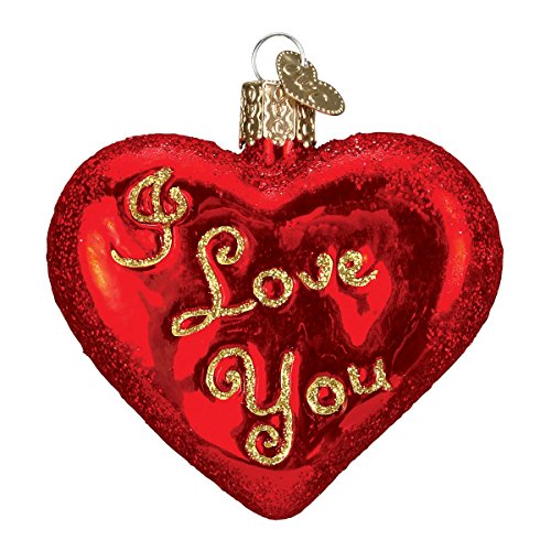 Old World Christmas I Love You Heart Glass Blown Ornament for Christmas Tree, Handcrafted Holiday Decoration, Heart Saying Collection