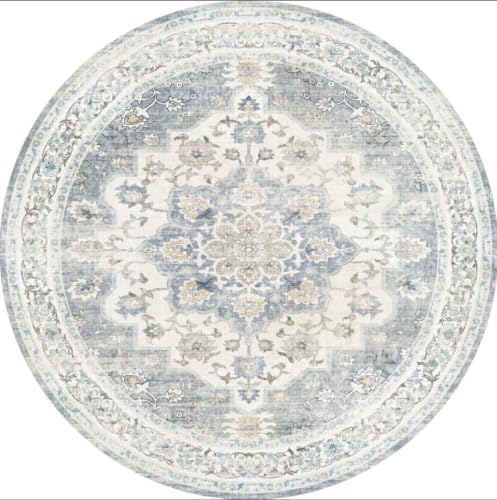 6x6 Round Area Rug: Vintage Washable Carpet Non Slip 6ft, Blue/White/Beige
