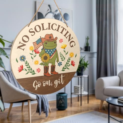 Funny Frog No Soliciting Sign for House Front Door, Go on Git, No Soliciting Wood Hanging Sign for Home Entryway Yard Wall