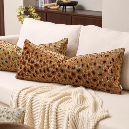 Alerfa Brown Floral Throw Pillow Cover 14 x 36 Inch Cut Velvet Rectange Luxury Decorative Lumbar Pillow Cover for Couch Living Room Bedroom