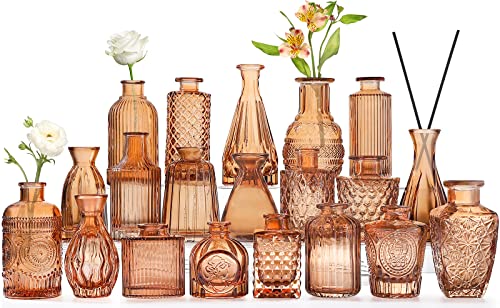 Amber Glass Bud Vases -Set of 20 for Flowers, Small Amber Bud Vases in Bulk for Centerpieces Decor, Mini Glass Set for Home Table Decorations