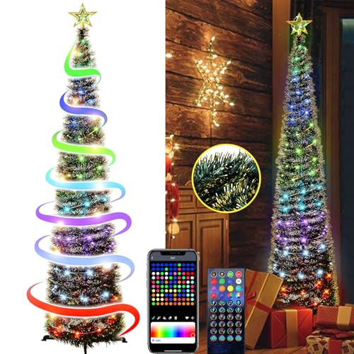 5Ft Pop Up Christmas Tinsel Tree with Multi-Color Timer LED Lights, Collapsible Pencil Christmas Tree with Remote, App-Controlled Artificial Christmas Tree for Home Shop Christmas in July Decorations