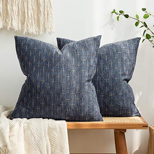 MIULEE Pack of 2 Decorative Burlap Linen Throw Pillow Covers Modern Farmhouse Vintage Pillowcase Rustic Woven Textured Cushion Cover for Sofa Couch Bed 20x20 Inch Blue