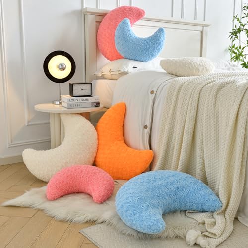 Moon Shaped Pillow with Soft Faux Fur for Couch, Bed, Sofa - Cute Half Moon Pillows with Room Decor for Bedroom, Living Room (14.9 Inches, White)