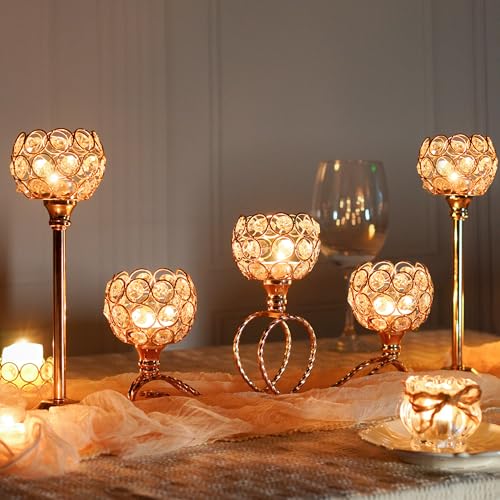 Gold 5 Arm Metal Crystal Tea Light Candle Holder, Elegant Wedding Table Centerpiece, Christmas Wishing Bowl Candle Holder