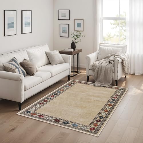 Lahome Modern Bordered Machine Washable Rug, Ultra-Thin Soft 3x5 Rugs for Entryway Bedroom, Non-Slip Stain Resistant Small Carpet for Laundry Entry (3'x 5',Beige)