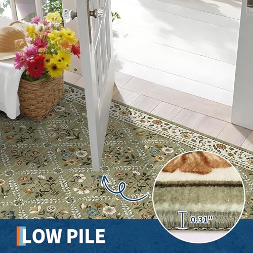 GarveeHome 8x10 Washable Large Living Room Rug Vintage Floral Carpet Green