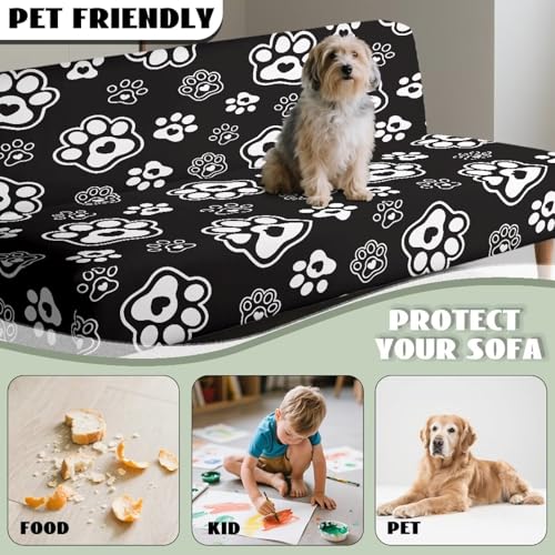 Paws Heart Print White Black Stretch Futon Cover with Elastic Bottom Armless Futon Mattress Cover Dustproof Cozy Couch Covers Scratch Resistant Sofa Bed Slipcover