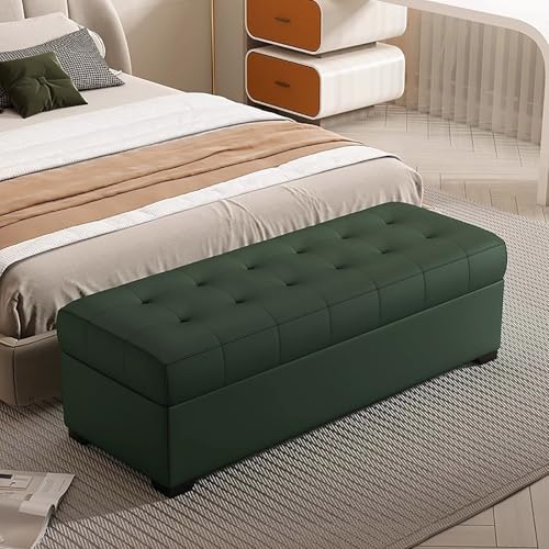 Green Faux Leather Storage Pouf - Quilted Footrest Ottoman with Hidden Compartment Rectangular Design for Living Room and Bedroom (24x16x16 Inches)