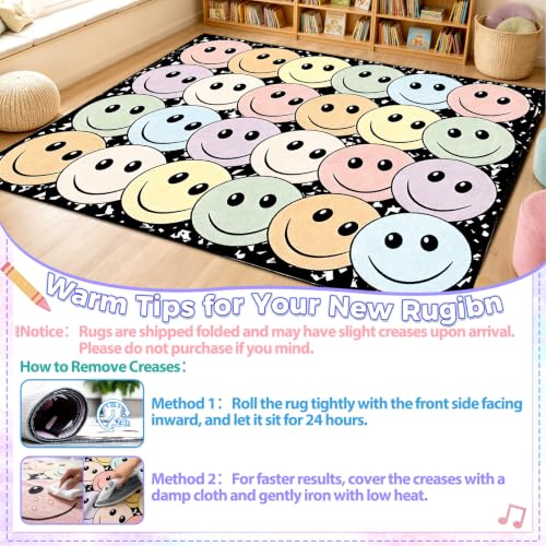 8' x 10' Composition Notebook Classroom Rug Pastel Smiley Face Seating Carpet for Kids, Washable Non-Slip Educational Area Rugs Large Soft Play Mat for Kindergarten Nursery Playroom Decor