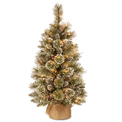 National Tree Company 3 ft Pre-Lit Glittery Bristle Mini Artificial Christmas Tree, Pinecones, 35 Clear LED Lights, 144 Tips, Timer, Burlap Base, Green