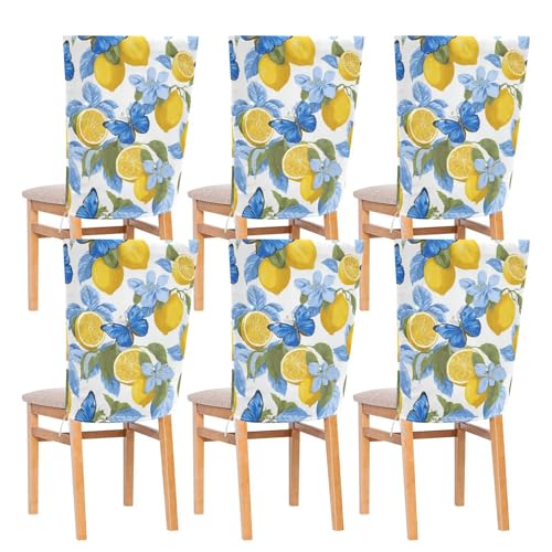 ALAZA Lemons Blue Butterfly Chair Back Cover Set of 2, Washable Reusable Removable Chair Slipcovers Decorative Chair Cover for Home Kitchen Wedding Party