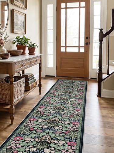 2x10 Floral Runner Rug for Hallways: Non-Slip Machine Washable Rugs Boho Soft Rugs for Kitchen,Laundry,Bedroom,Bathroom - Botanical Low Pile Indoor Carpet Runners with Rubber Backing 2x10 Dark Green